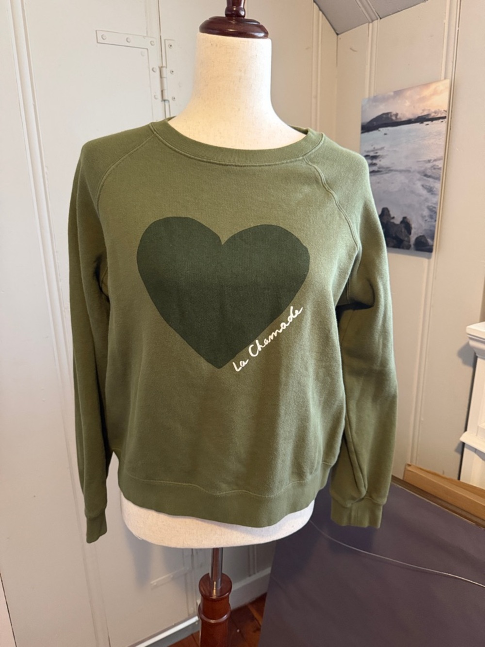 Sezane Olive Green Heart Crewneck Sweatshirt